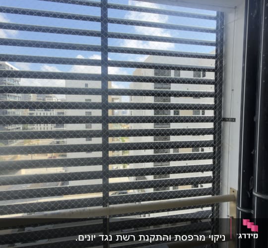 רשת יונים על מרפסת עם נוף לבניינים